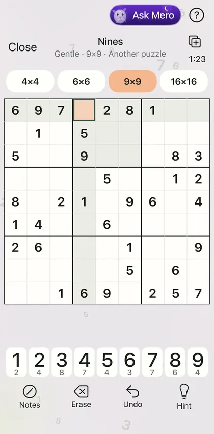 Nines in the app, a 9×9 Gentle puzzle in progress, with the violet Ask Mero button in the bar at the top.
